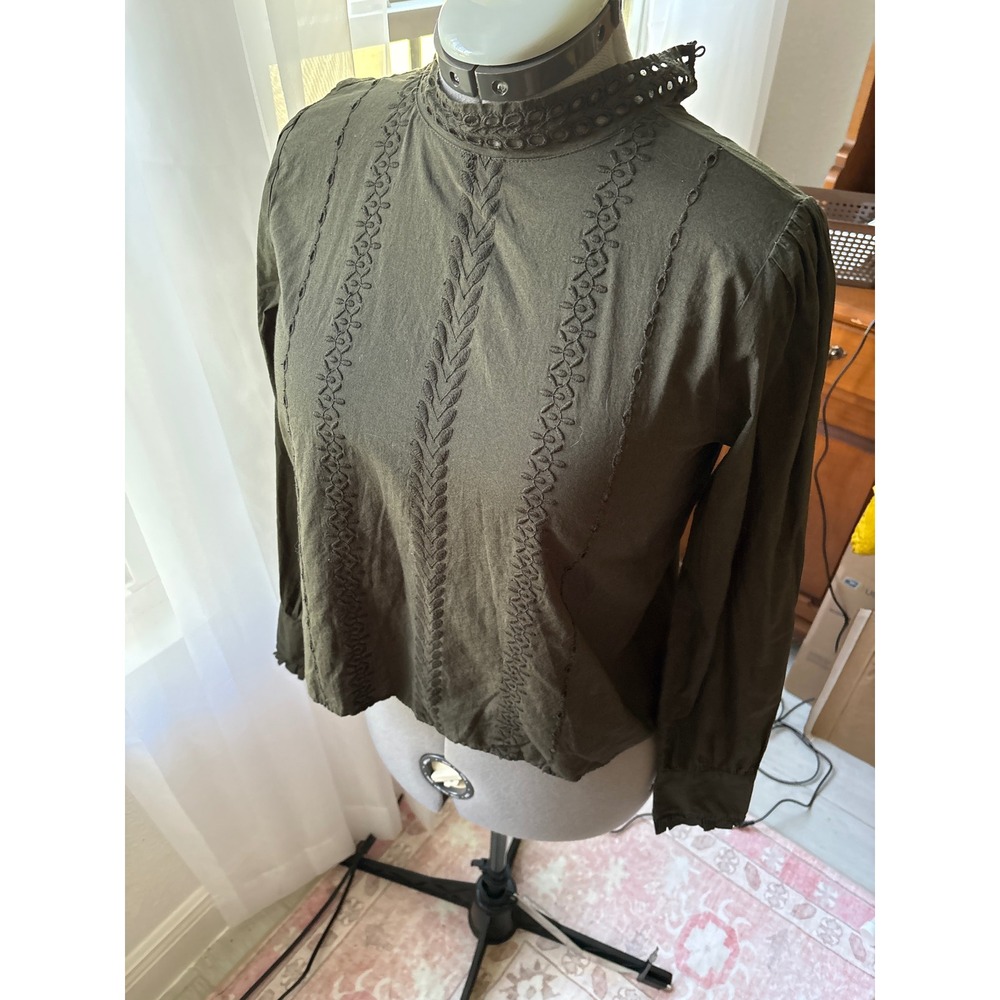 Loft Embroidered Blouse Womens S Green Excellent Eyelet High Neck Puff Sleeve